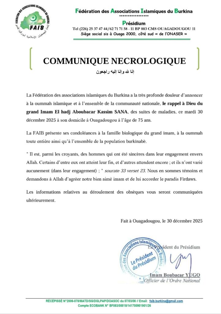 Communiqué FAIB sur le décès El hadj Aboubakar Sana
